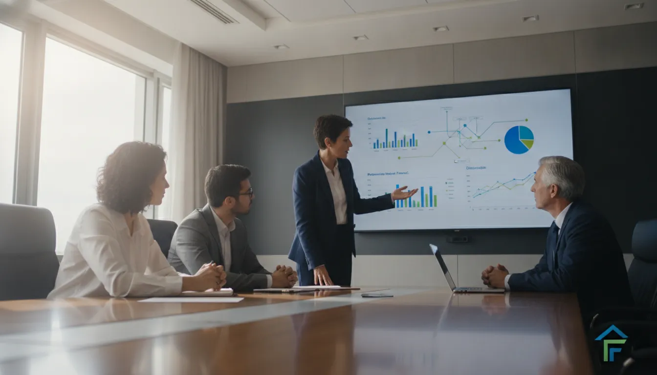 Equipe Financia Tudo colabora em reunião, analisando estratégias para otimizar patrimônio em imóvel financiado.