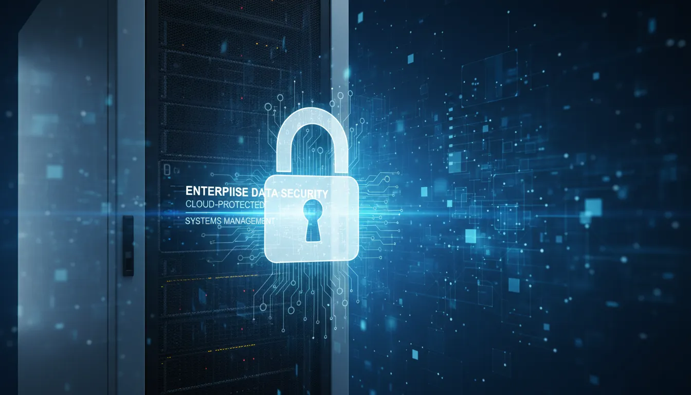 Servidor digital protegido por holograma de cadeado, simbolizando segurança de informações em sistemas de gestão.