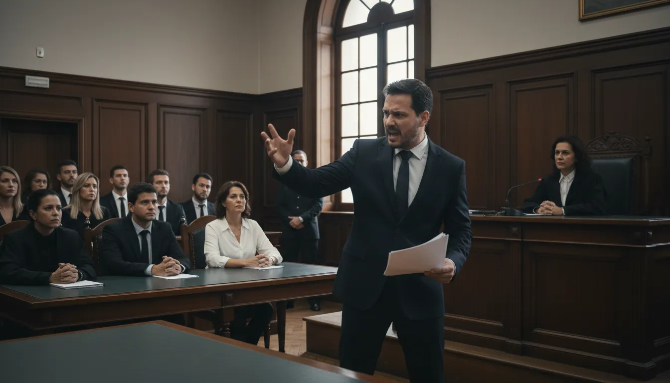 Cena dramática de um advogado em Mogi das Cruzes defendendo seu cliente no tribunal com paixão.