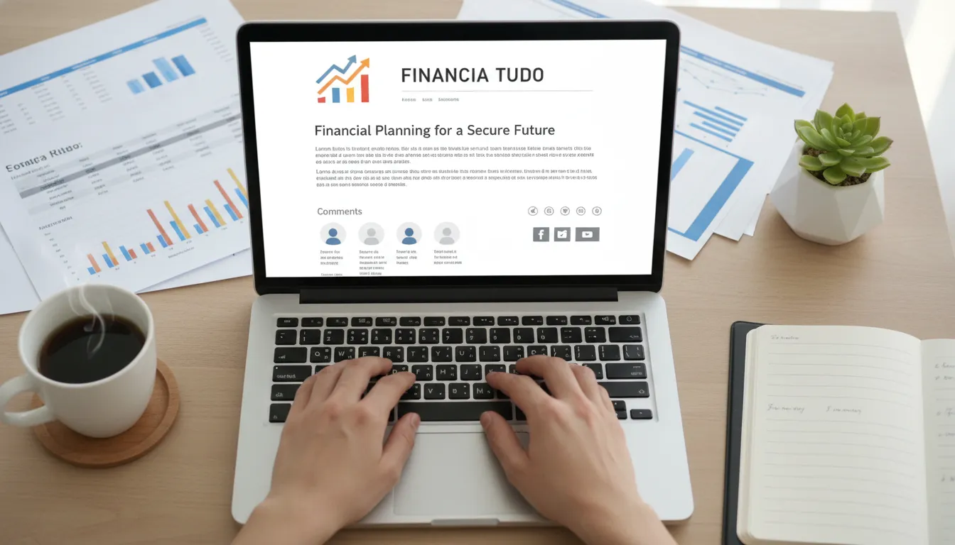 Pessoa digitando em laptop com artigo Financia Tudo, ilustrando busca por divulgação serviços financeiros e educação.