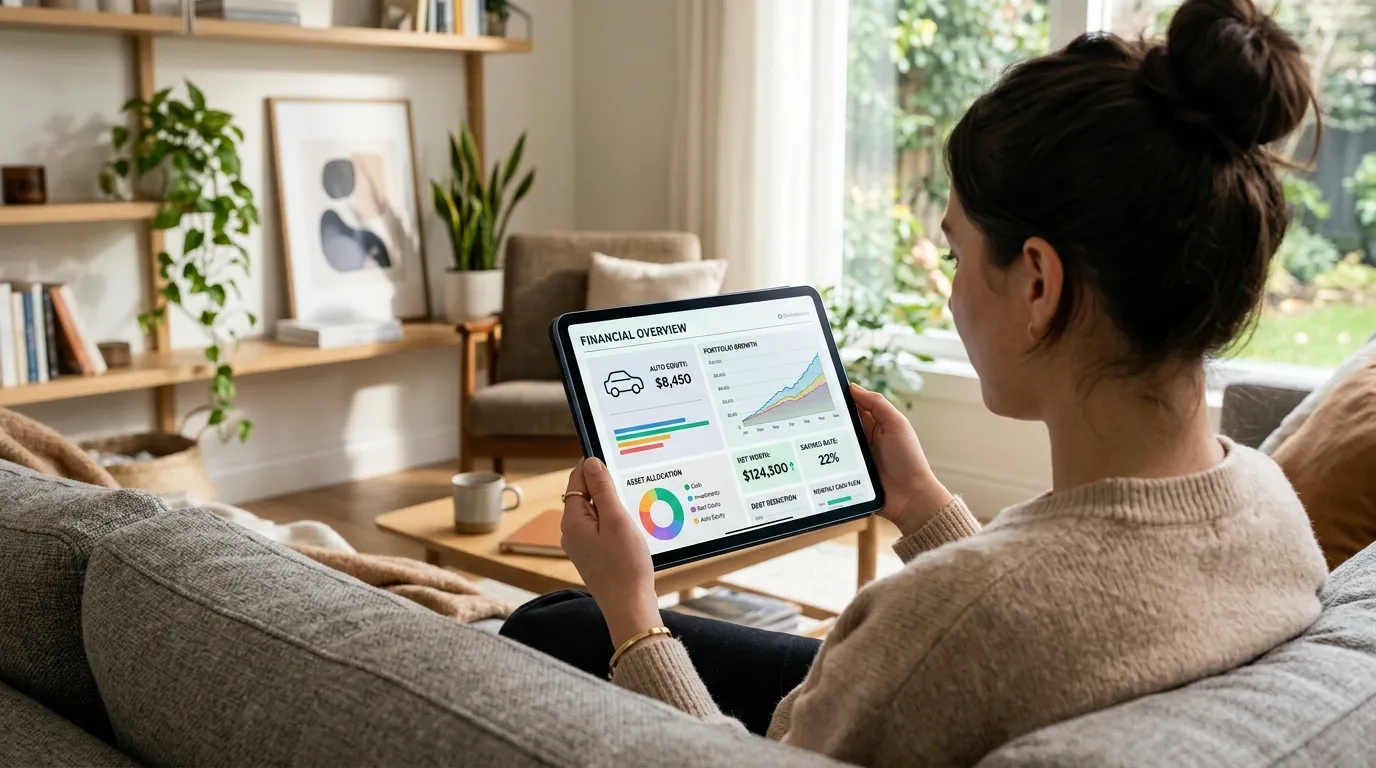 Planejamento financeiro em tablet analisando refinanciamento de veículo quitado para investimentos.