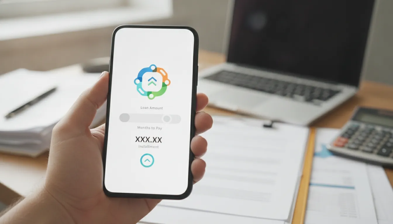 Mão usando smartphone com logo Financia Tudo para simular crédito e home equity para consolidar dívidas.