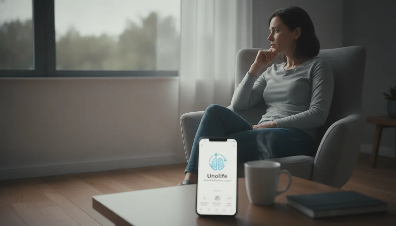 Pessoa contempla janela, smartphone com site de apoio psicológico Unolife próximo, incentivando busca por ajuda no luto.