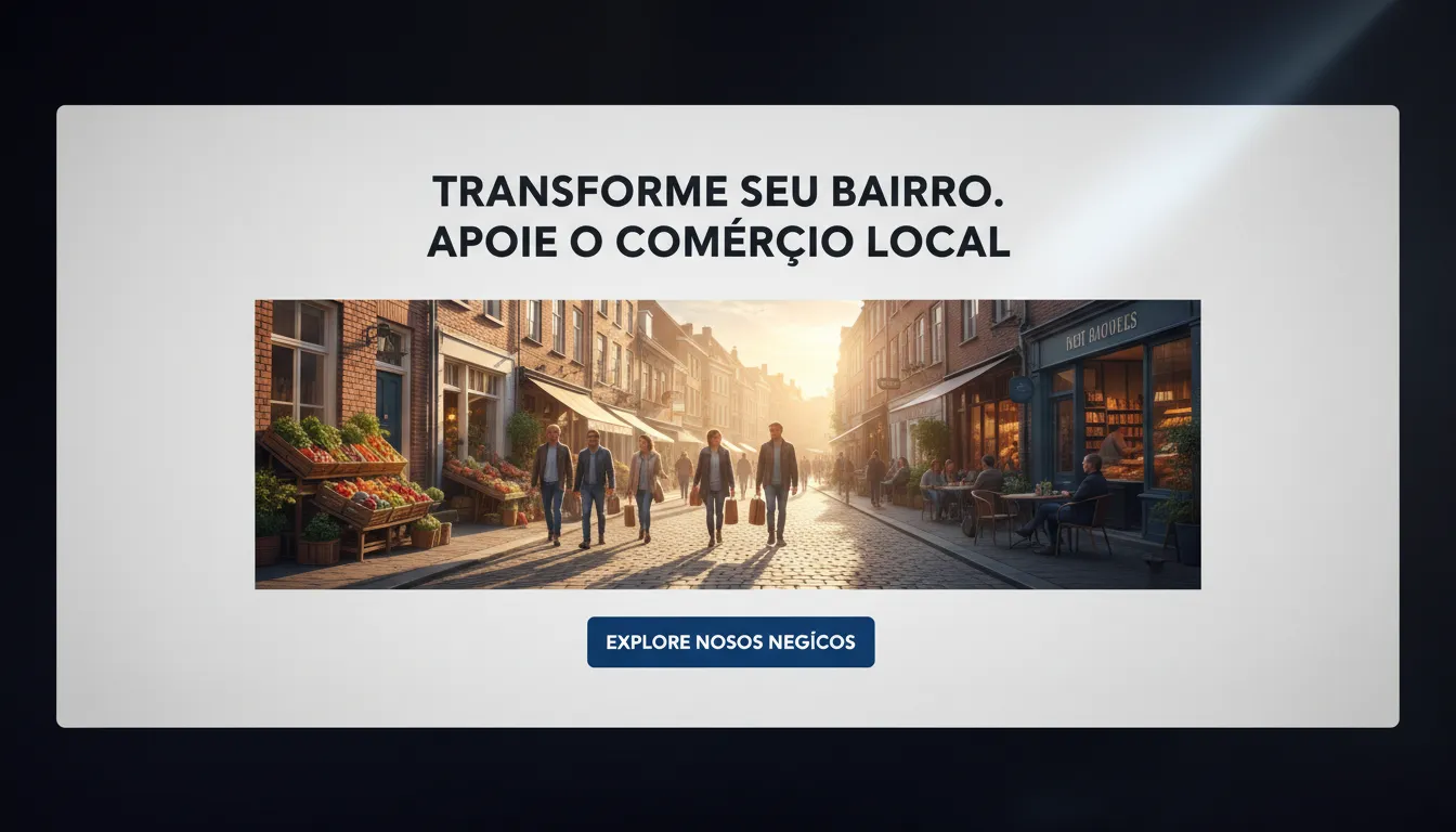 Exemplos de Seções de Homepage para Pequenas Empresas Locais 1 Seção herói de site de empresa local com headline marcante e botão CTA, mostrando comércio de bairro animado