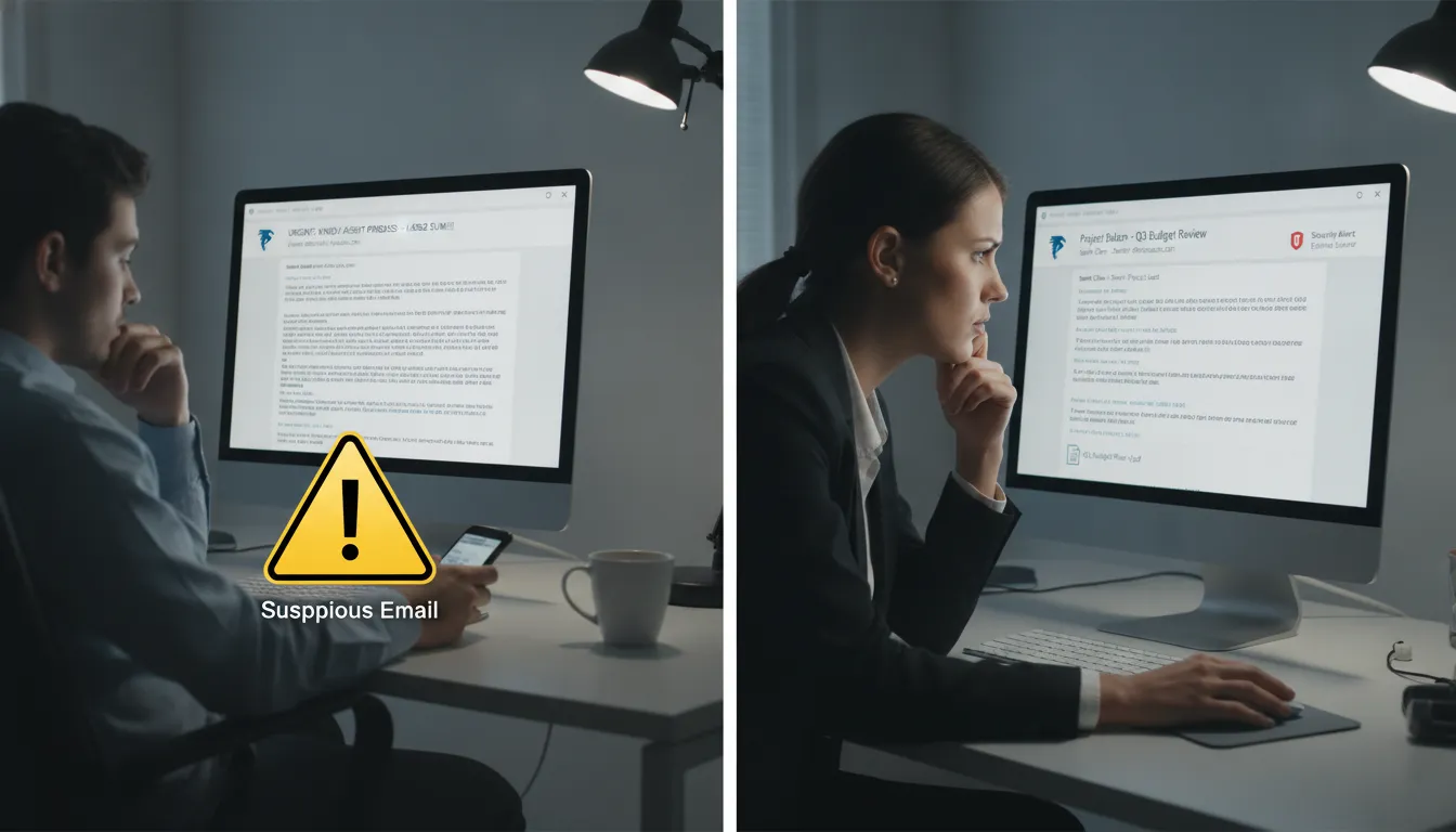Comparativo realista entre e-mail de phishing genérico e ataque de spear phishing direcionado.