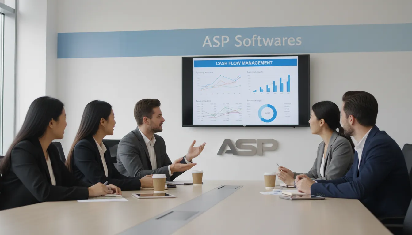 Uma equipe diversa colabora analisando o fluxo de caixa diário em uma tela, com a ASP Softwares ao fundo, destacando o trabalho em equipe e a gestão financeira.