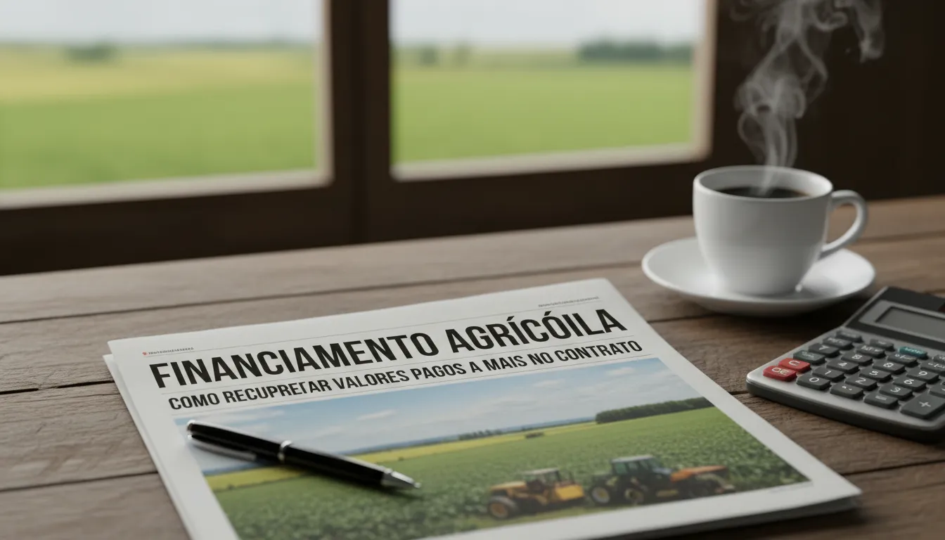 Produtor rural brasileiro analisando documentos e finanças em mesa de madeira clara, evidenciando preocupação contratual.