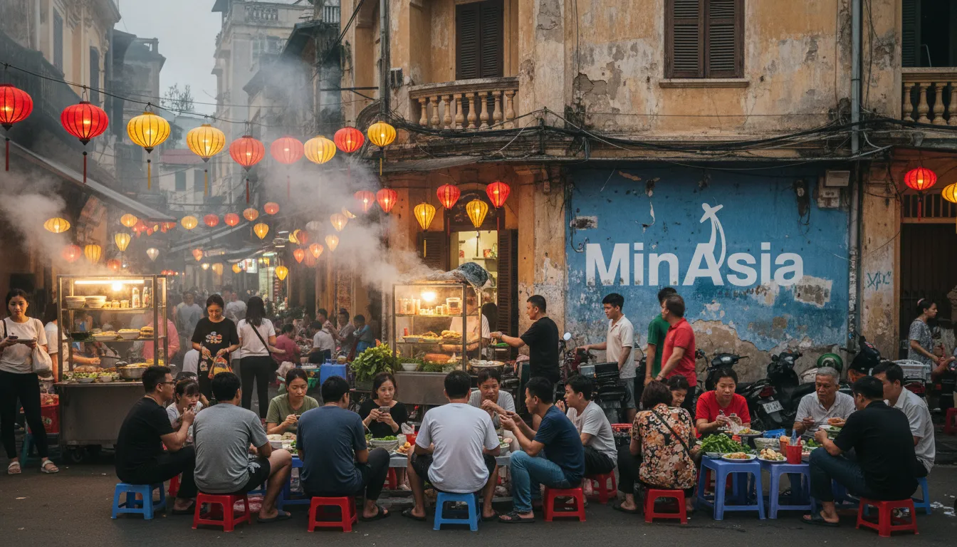 Mercado noturno de comida de rua em Hanói, Vietnã, com luzes e pessoas, destacando a cultura do sudeste asiático.
