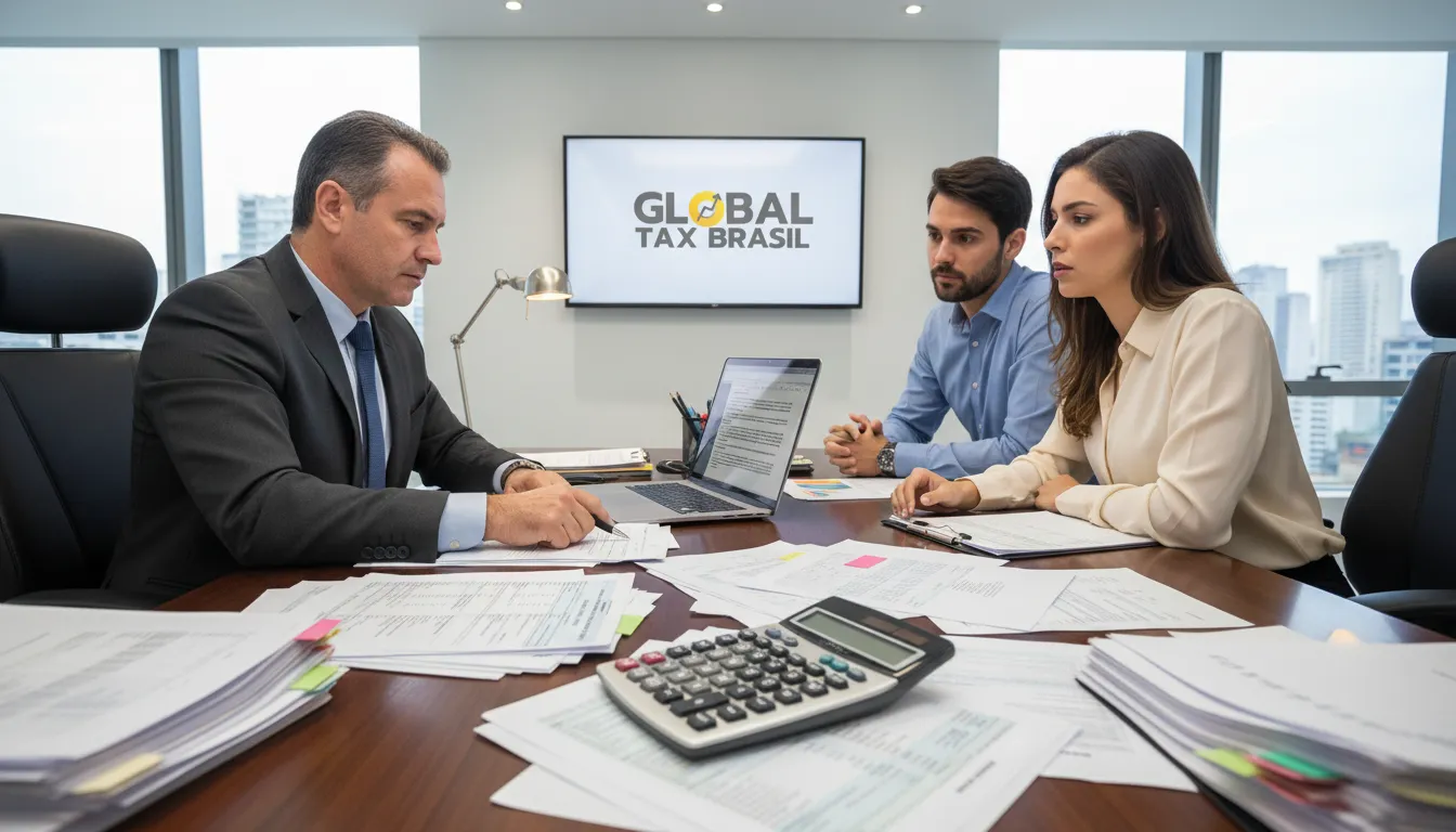 Consultor tributário explicando complexidades do imposto ao vender imóvel no Brasil morando no exterior para casal.