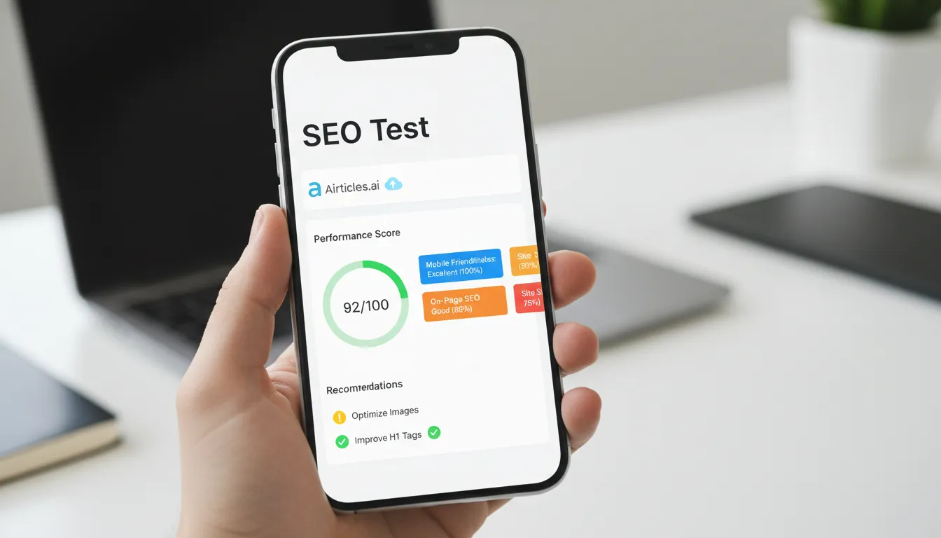 Análise de seo site testing exibida em um celular, com a tela mostrando resultados claros e concisos de otimização para dispositivos móveis.