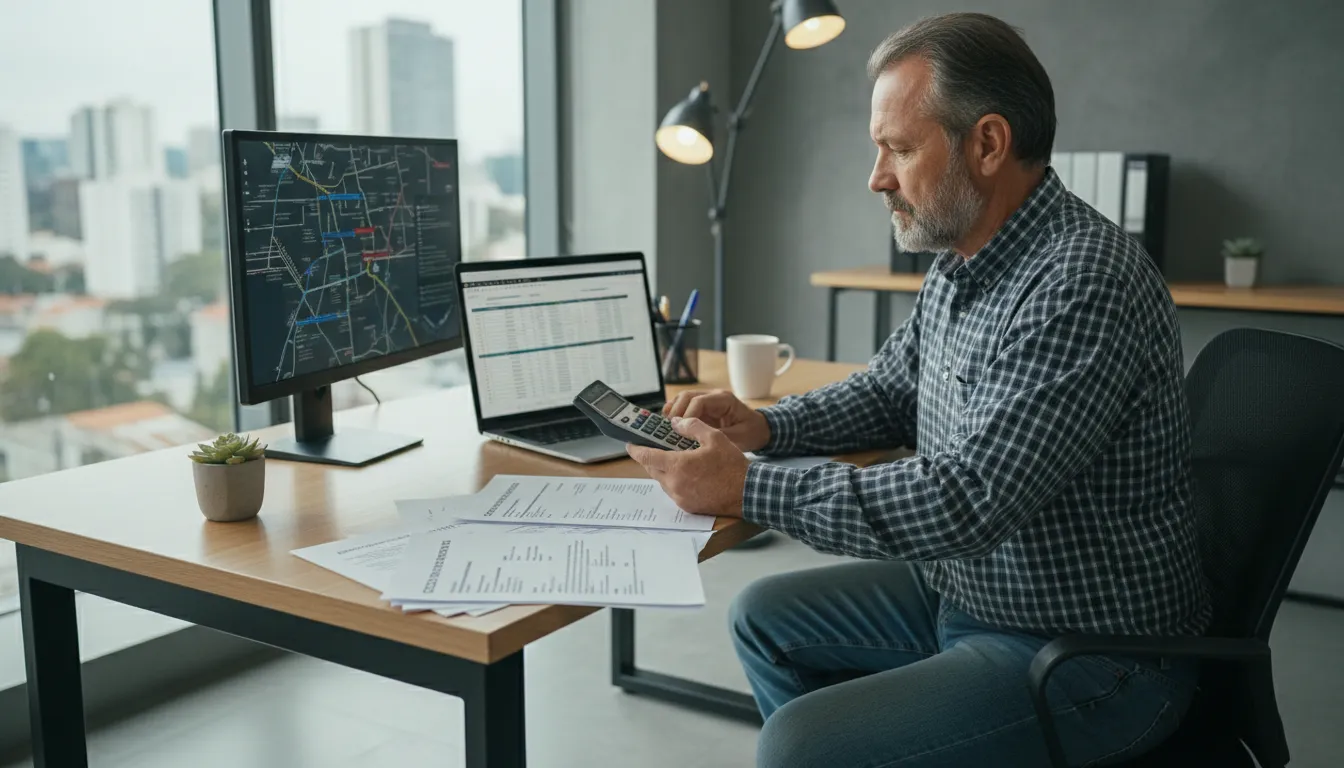 Caminhoneiro avalia contrato de financiamento de caminhão utilizado em escritório profissional.