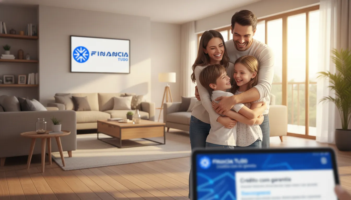 Família feliz em nova casa, celebrando objetivo com crédito com garantia. Realização de sonhos a longo prazo.