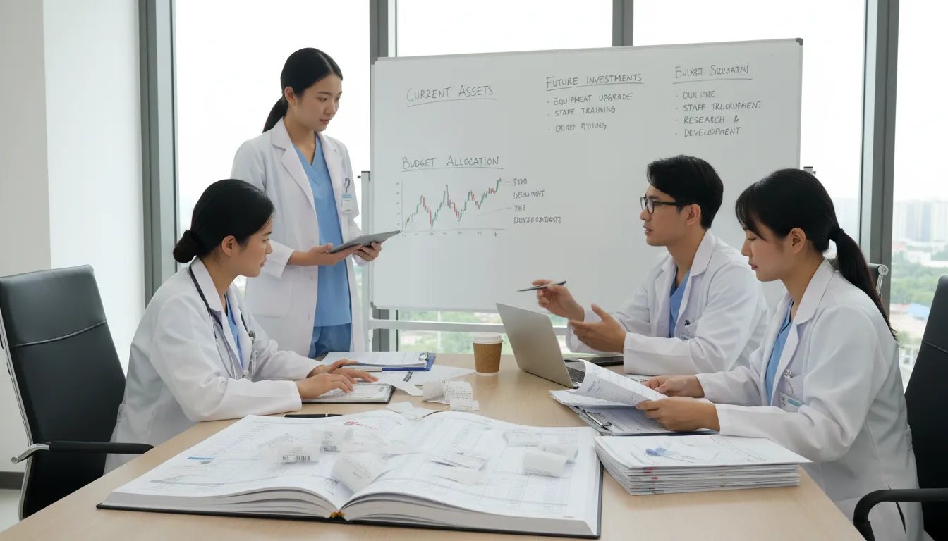 Profissionais de saúde organizando contas e discutindo investimentos em sala de reunião clara