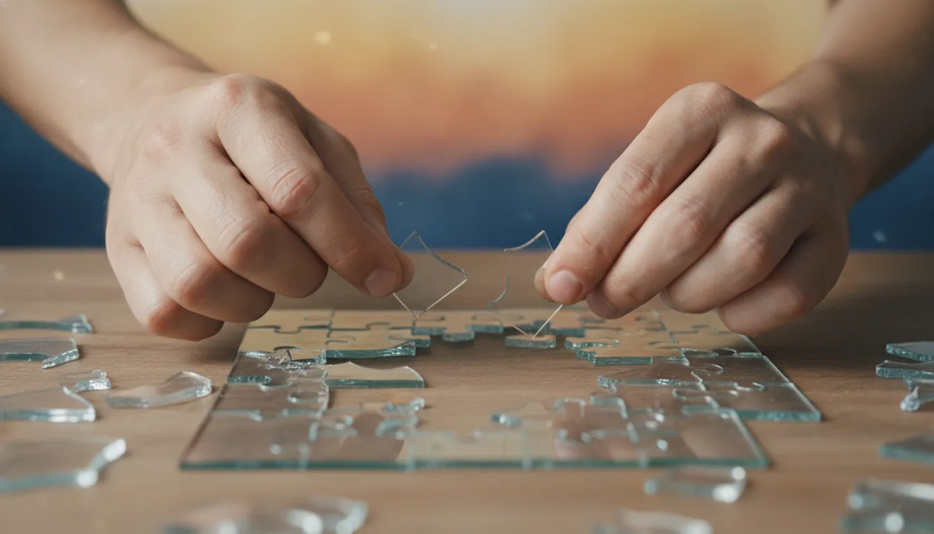 Mãos montando quebra-cabeça de vidro quebrado, simbolizando reconstrução da autoestima fragilizada.