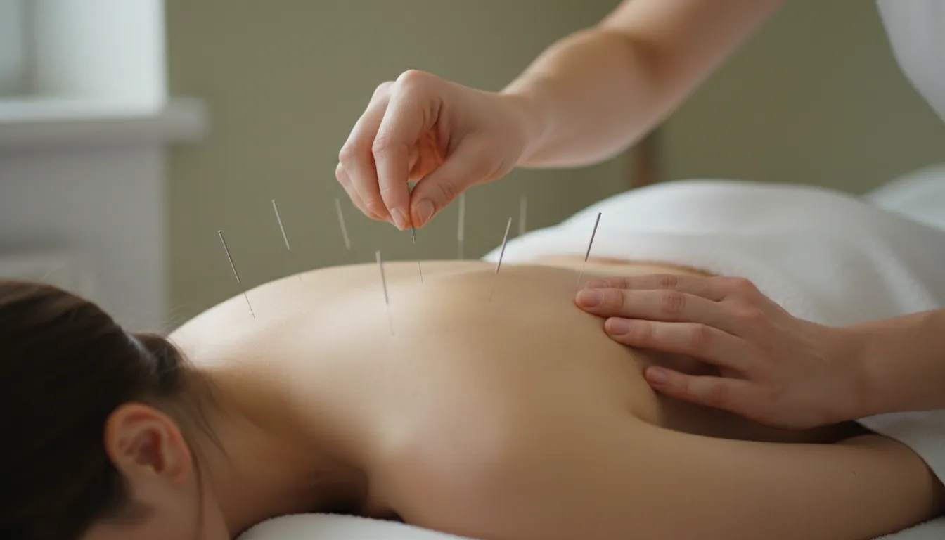 Aplicação cuidadosa de agulhas de acupuntura, uma das terapias integrativas milenares para alívio da dor e promoção da saúde.