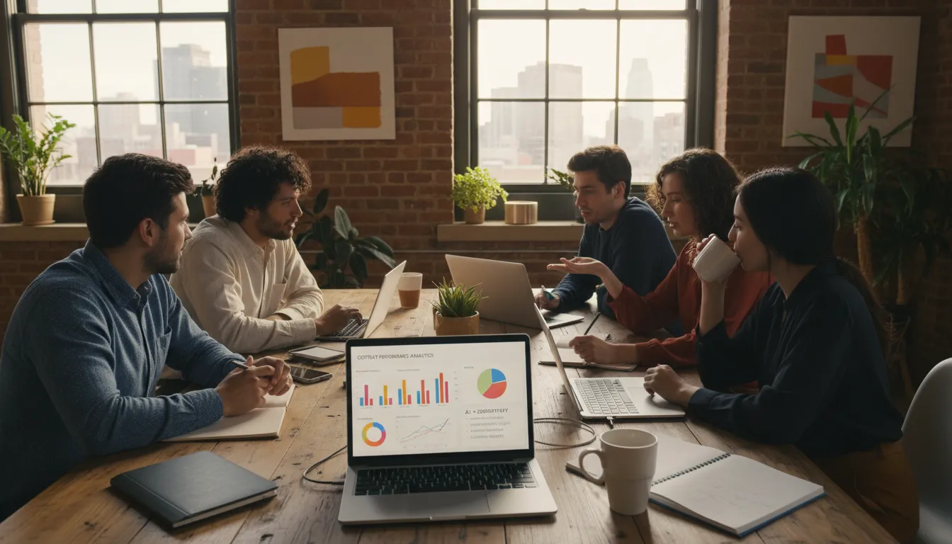 IA para Geração de Conteúdo: Blog Post, Meta Description, Headlines 3 Equipe discute integração IA e criatividade diante de dashboards de performance de conteúdo.