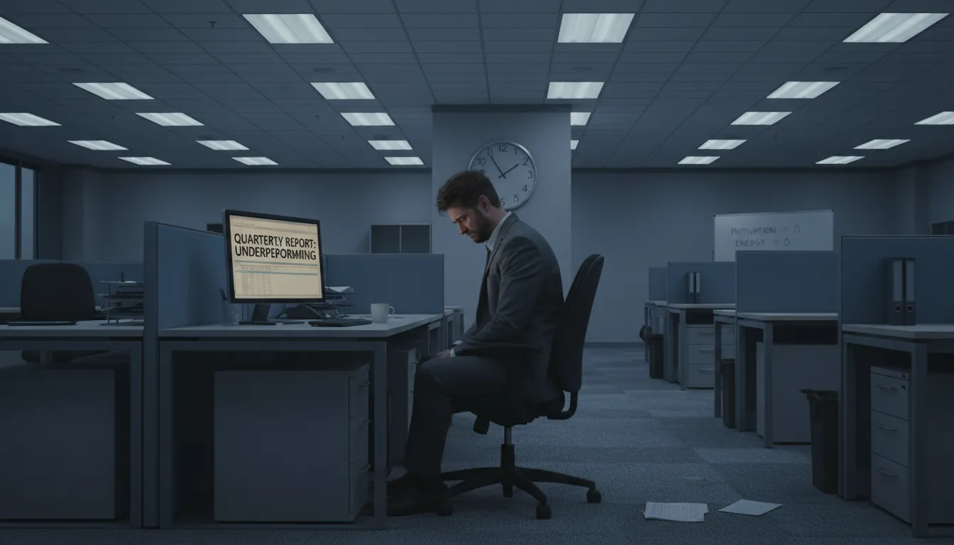 Colaborador isolado e desanimado em escritório, demonstrando exaustão emocional.