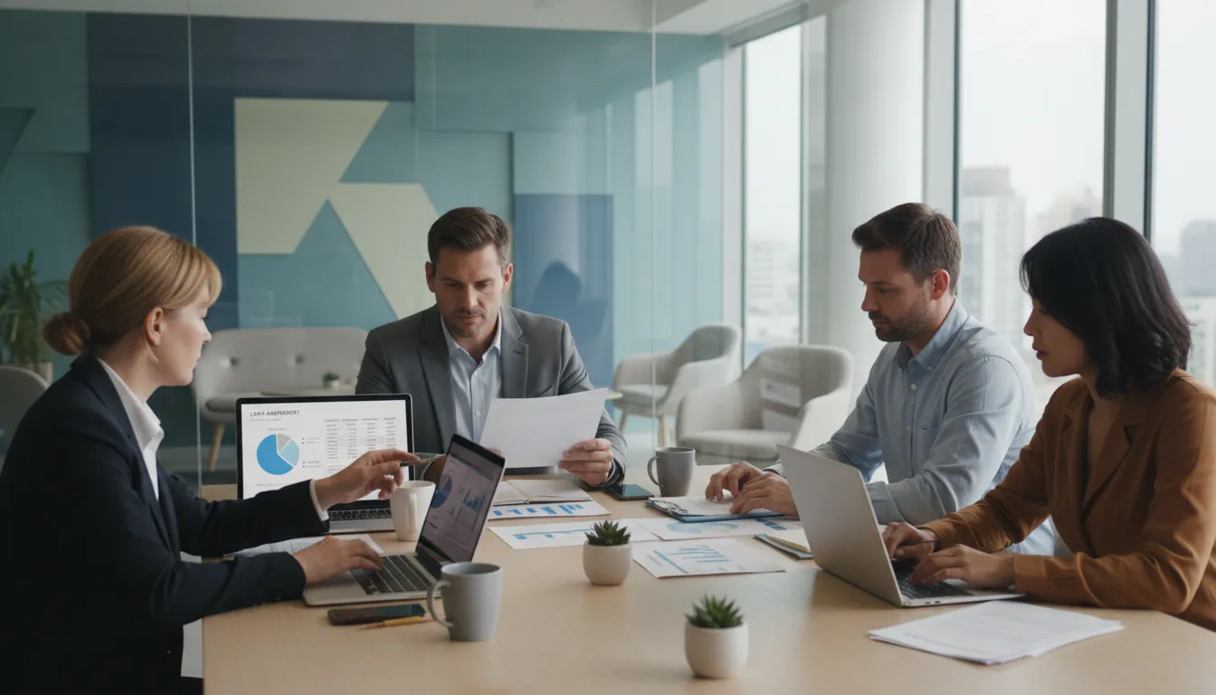 Grupo comparando ofertas de empréstimos e financiamentos usando tecnologia, ambiente moderno e colaborativo