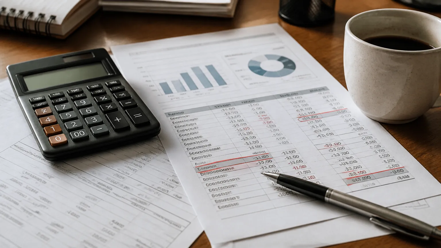 Extrato financeiro com calculadora analisando impacto dos juros do cheque especial.