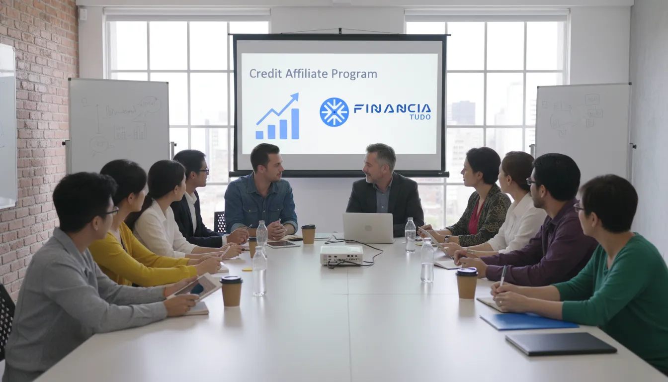 Grupo diverso em treinamento sobre programa de afiliado de crédito renda recorrente, aprendendo sobre crescimento financeiro e networking.