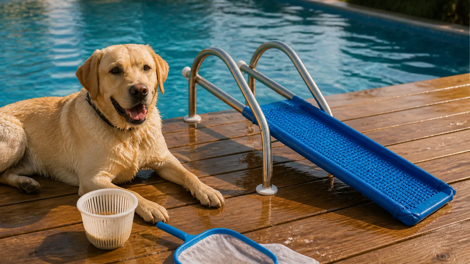 Cuidados com cachorro na piscina e manutencao da agua com produto especializado.