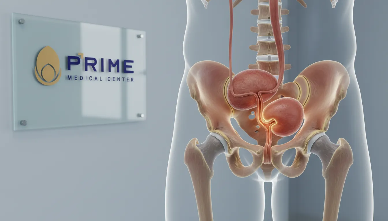 Ilustração anatômica realista mostrando a glândula da próstata aumentada, um fator crucial para considerar a necessidade de cirurgia.