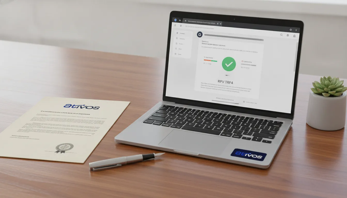 Documentos e laptop mostram segurança jurídica e transações RPV TRF4 na plataforma Ativos.