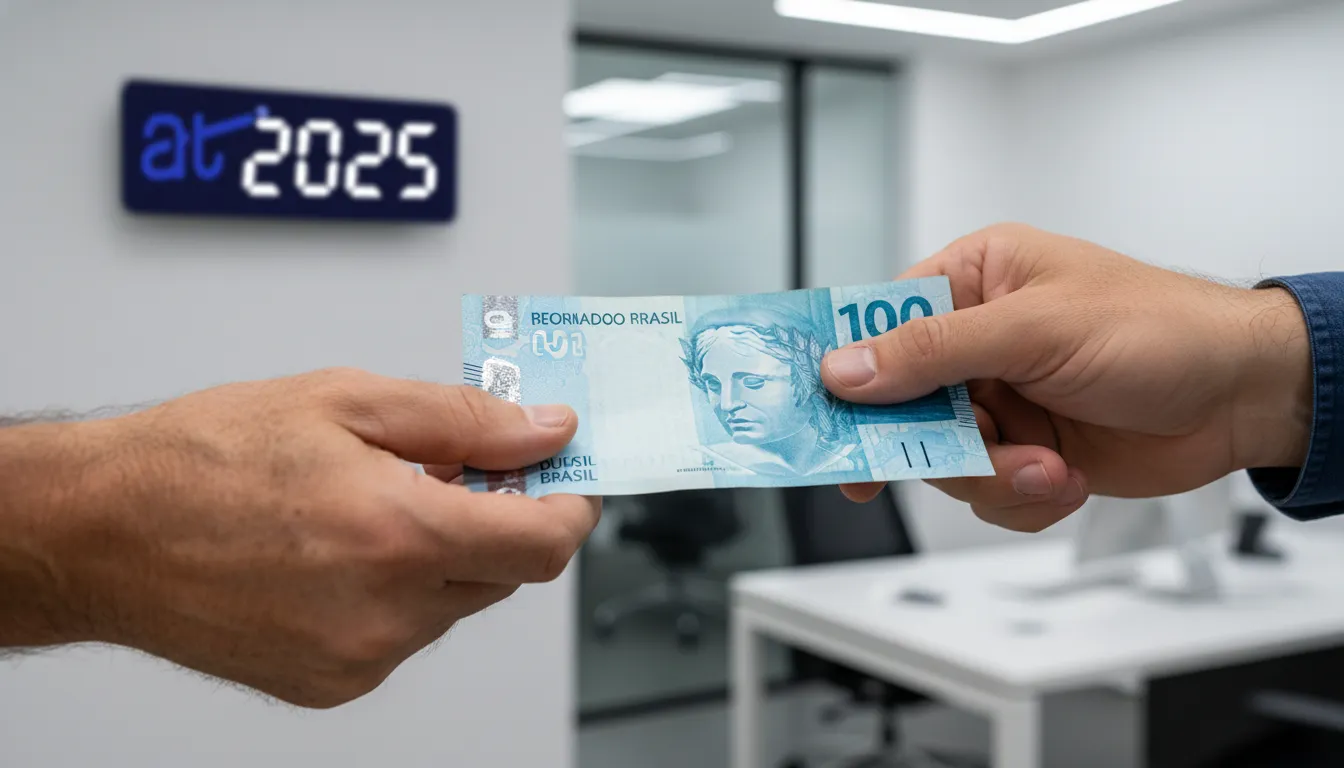 Mãos trocando cédula de R$100, representando liquidez imediata para precatório federal 2025.