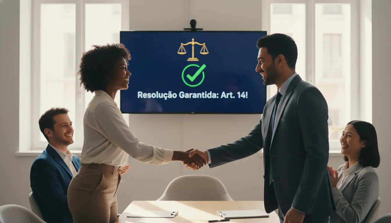 Cena de resolução positiva com um consumidor satisfeito após uma falha de serviço, conforme o Art. 14 do CDC. Justiça realizada.