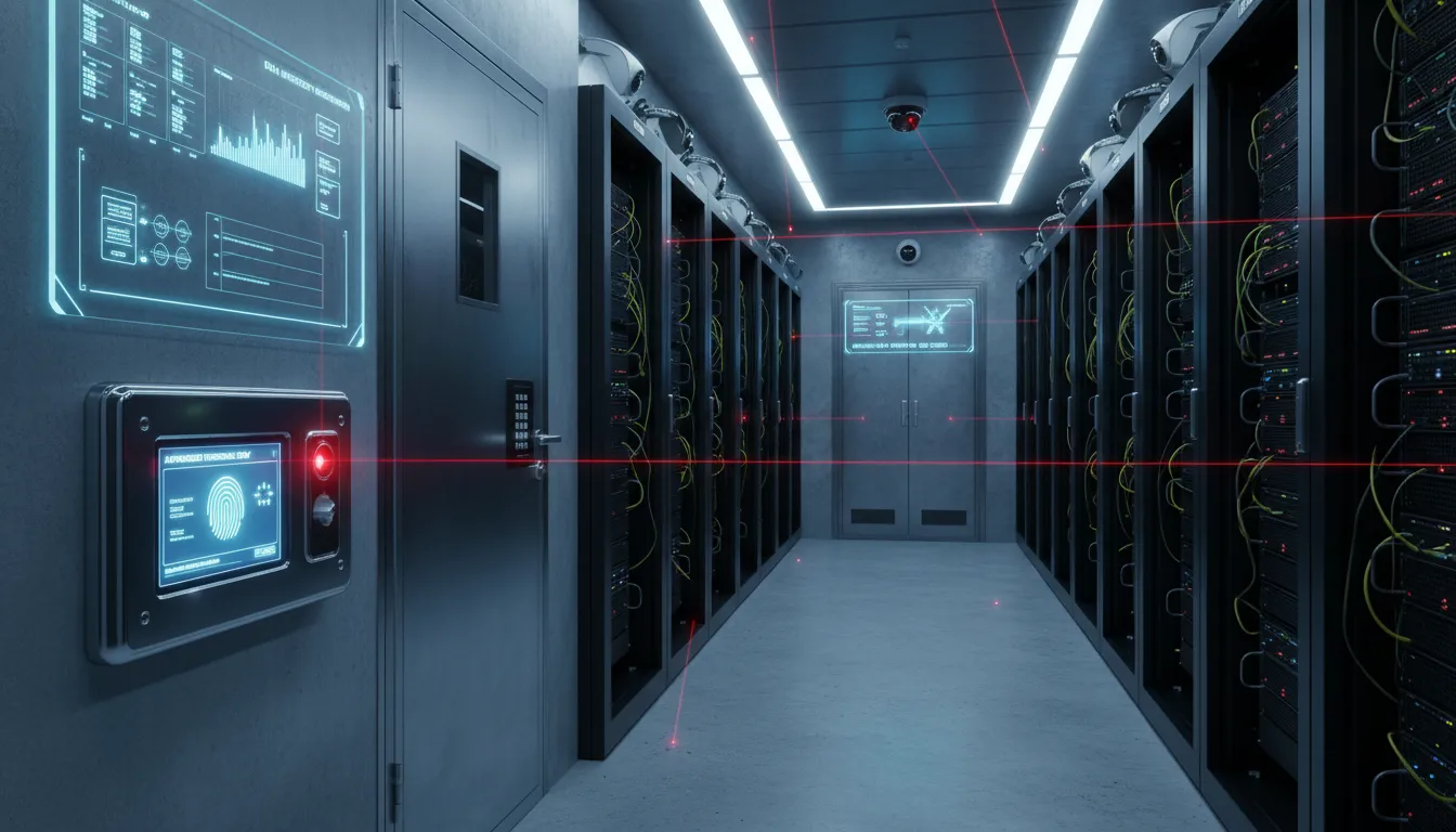 Sala de servidores equipada com painéis biométricos e sistemas de segurança avançados para proteção de dados.