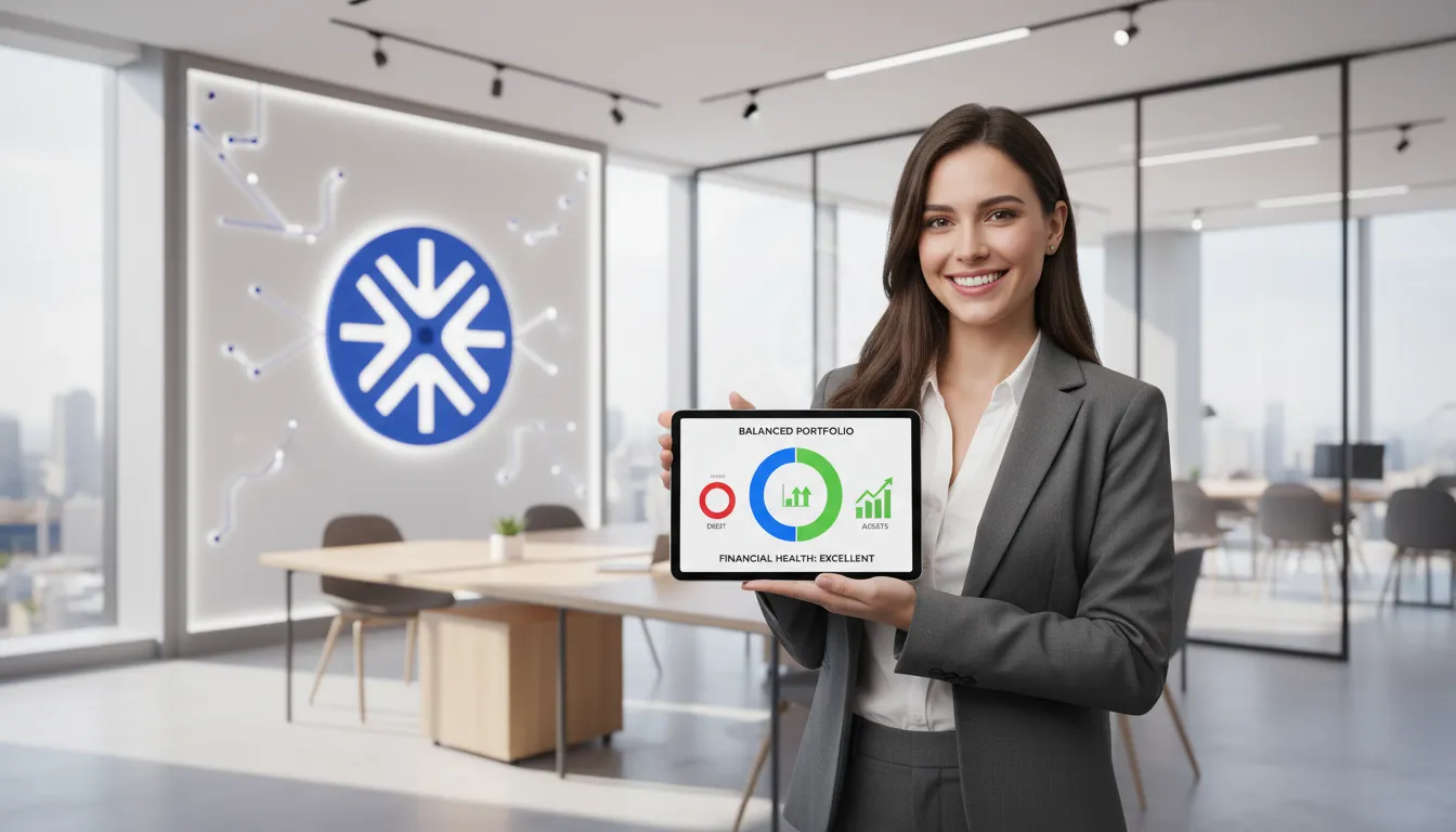 Mulher de negócios sorrindo ao analisar relatório financeiro equilibrado: investir ou quitar dívidas.