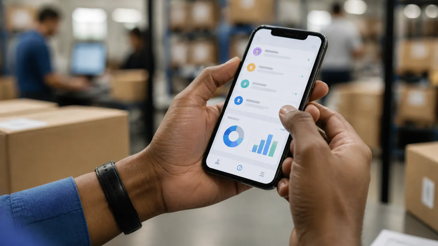Visão aproximada de atendimento centralizado via app mobile empresarial.