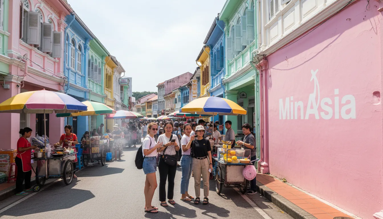 Rua movimentada em Phuket Town, Tailândia, com arquitetura sino-portuguesa e vendedores de comida de rua.