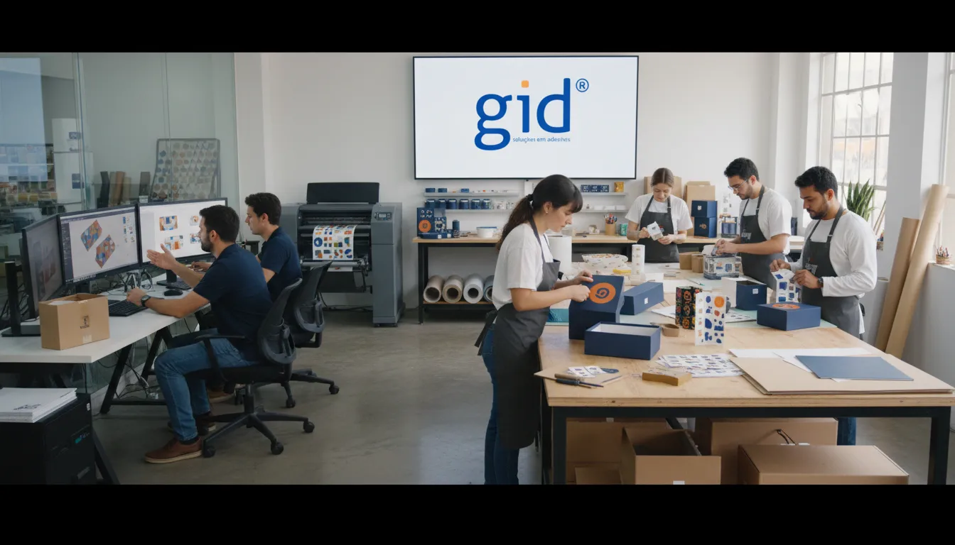 Oficina de design mostrando a criação colaborativa de soluções de embalagem personalizada pela GID, com foco em adesivos e acabamento artesanal.