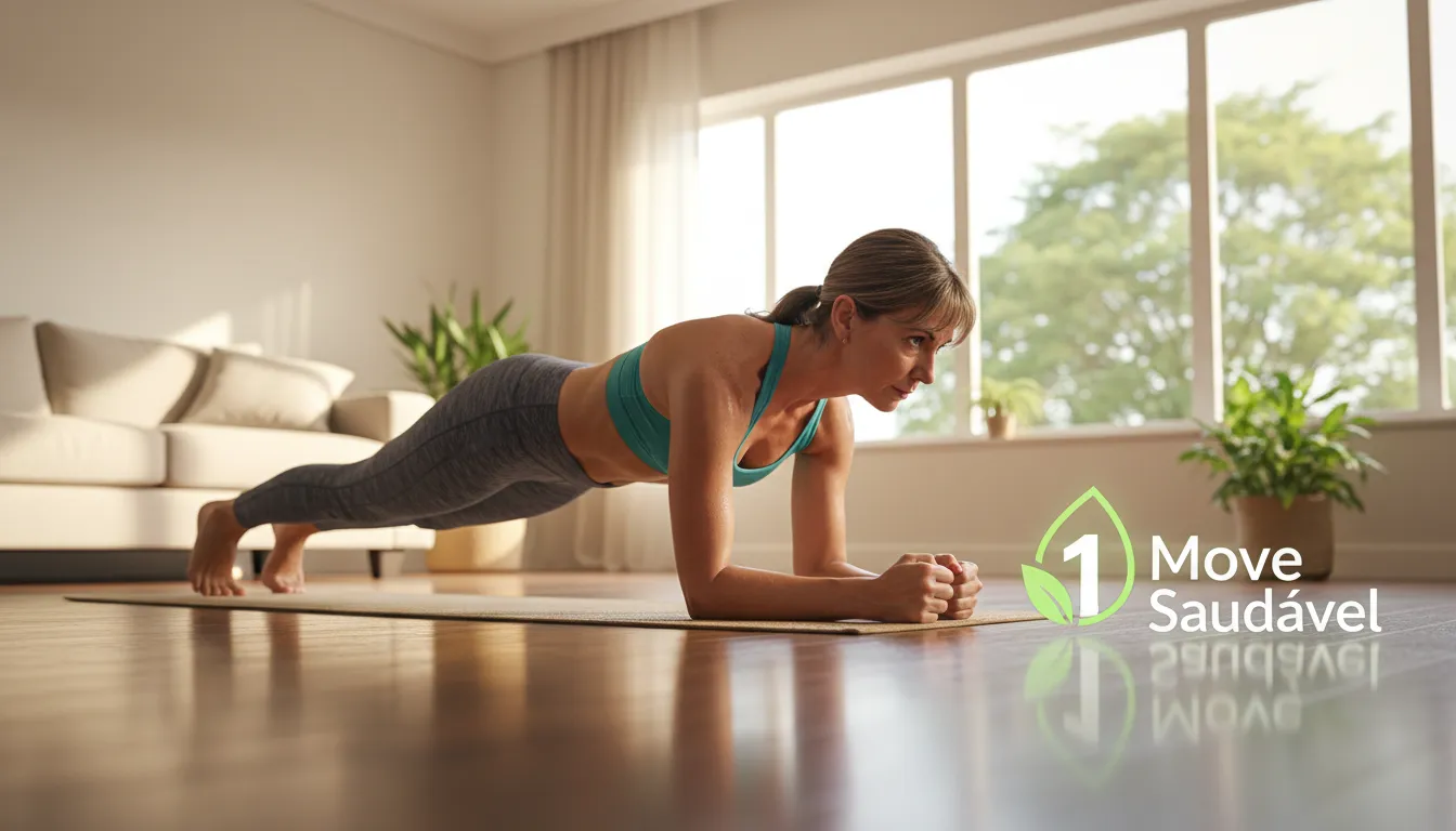 Mulher praticando a prancha, um dos exercícios em casa para queimar gordura abdominal e fortalecer o core.