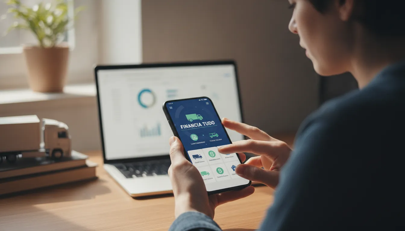 Pessoa usa aplicativo Financia Tudo no celular para comparar opções de refinanciamento de caminhão.