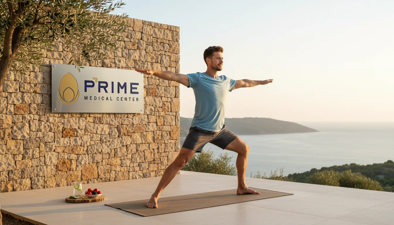 Homem calmo e equilibrado praticando ioga ao ar livre, simbolizando o manejo saudável da testosterona alta.