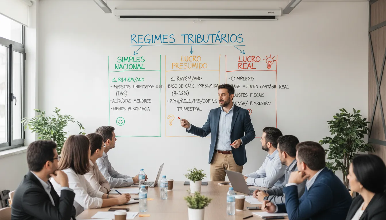 Contador mostrando vantagens de regimes tributários para grupo de pequenos empreendedores em sala de reunião.