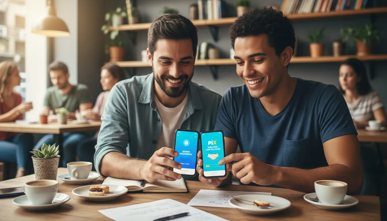 Empresários usando aplicativo de pagamentos em cafeteria, mostrando a inclusão digital das fintechs