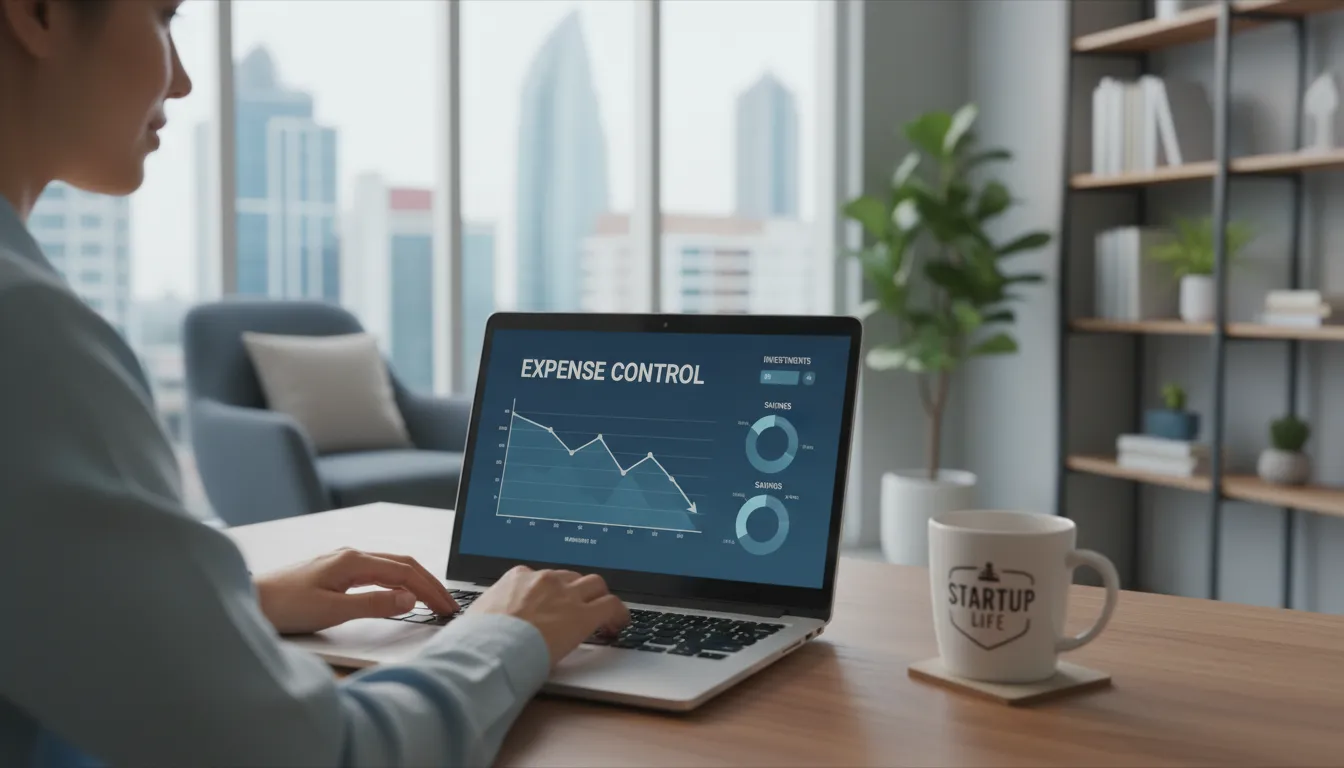 Indivíduo administra finanças pessoais no notebook com gráficos de controle em ambiente moderno.