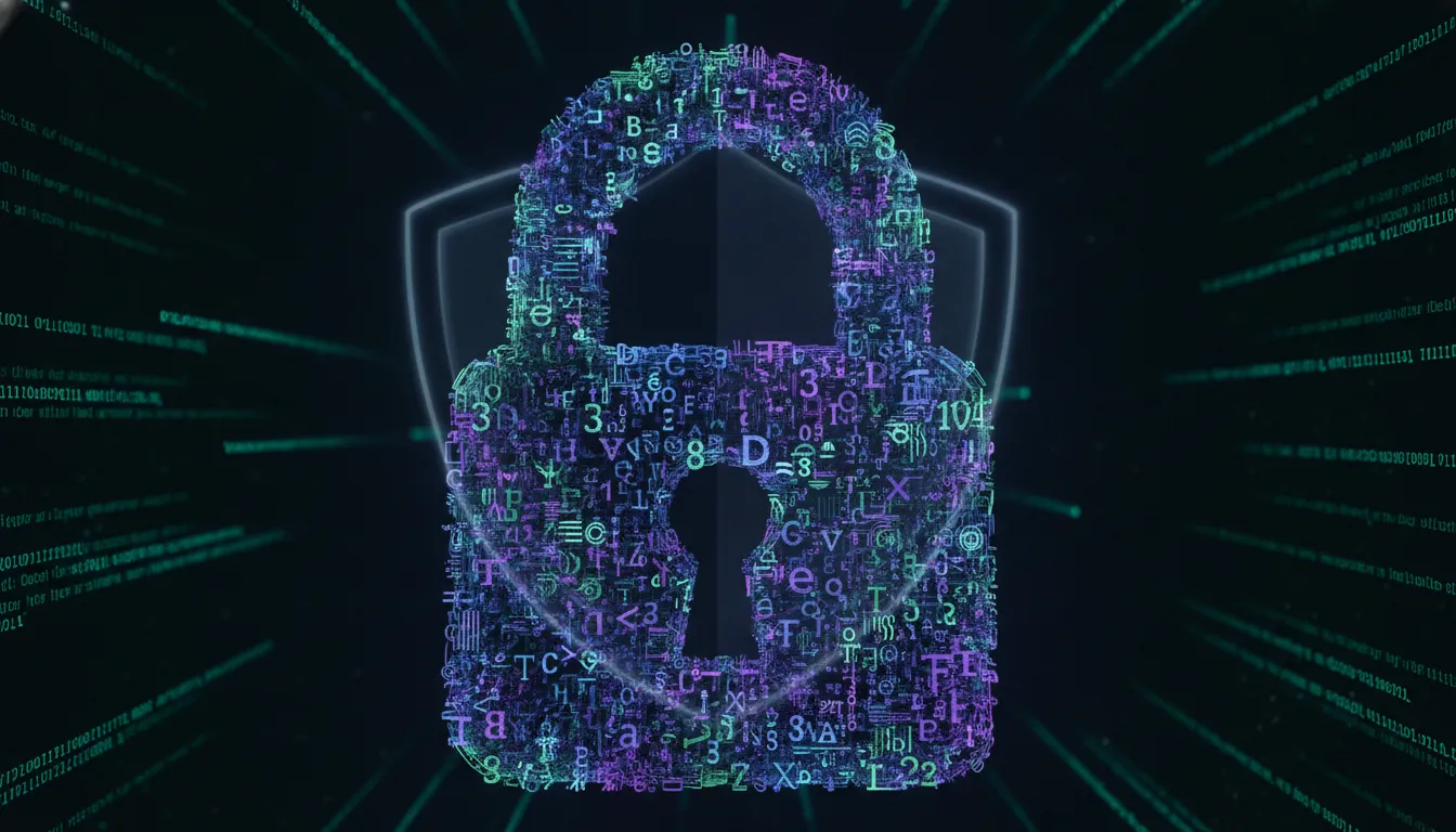 Cadeado digital formado por caracteres complexos, simbolizando uma senha forte e segurança cibernética.