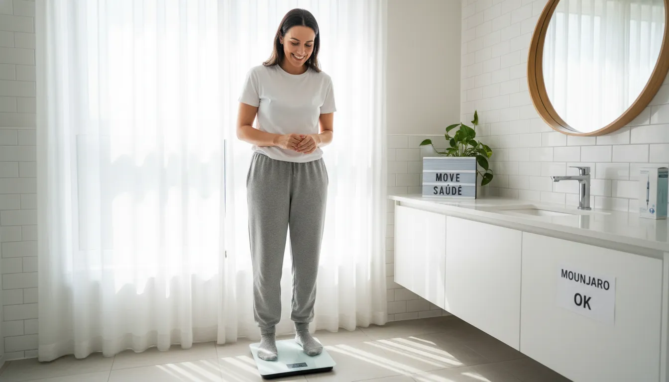 Pessoa se pesando em uma balança, mostrando um número menor, indicando perda de peso. A imagem ilustra se o uso de mounjaro emagrece mesmo e como ele pode auxiliar na jornada de perda de peso.