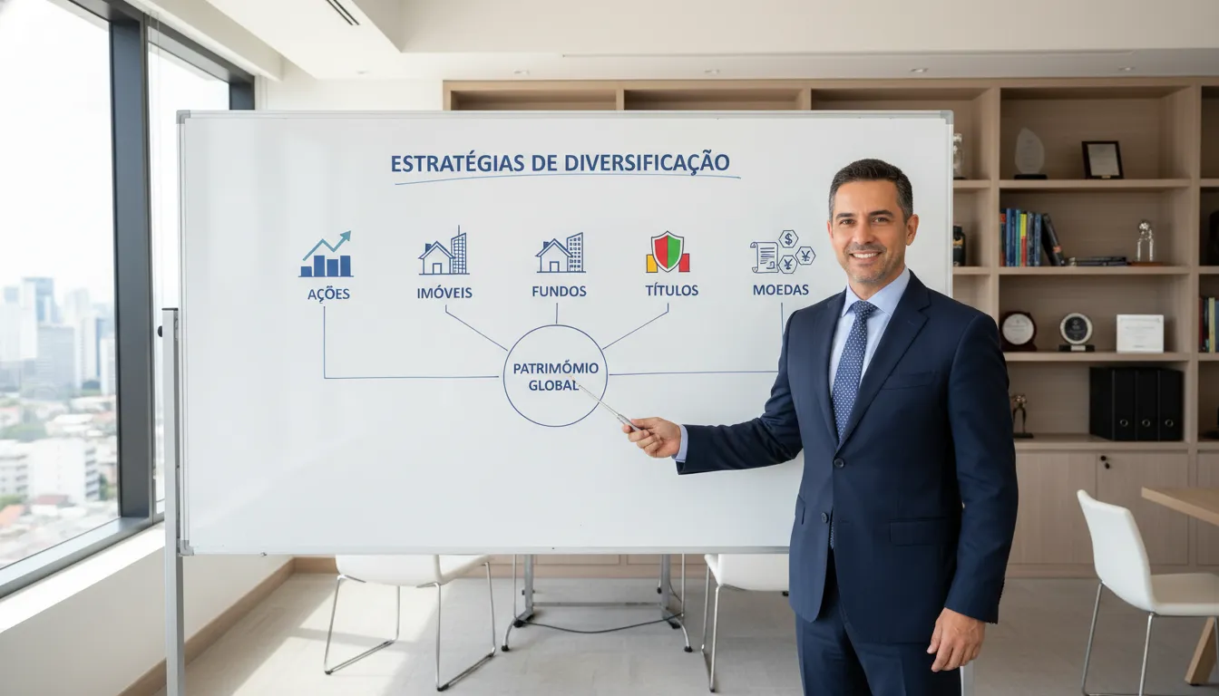 Gestor financeiro explica estratégias de diversificação com ícones de diferentes tipos de investimentos.
