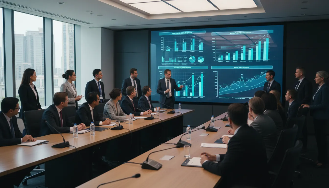 Assembleia de credores discutindo plano de recuperação judicial com gráficos financeiros projetados ao fundo.