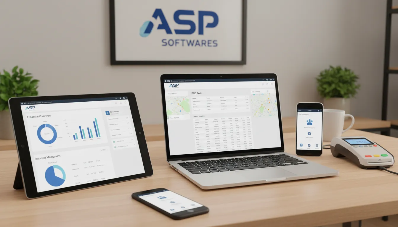Um escritório mostrando vários dispositivos conectados ao sistema da ASP Softwares, incluindo uma maquininha de cartão, para facilitar a gestão financeira.