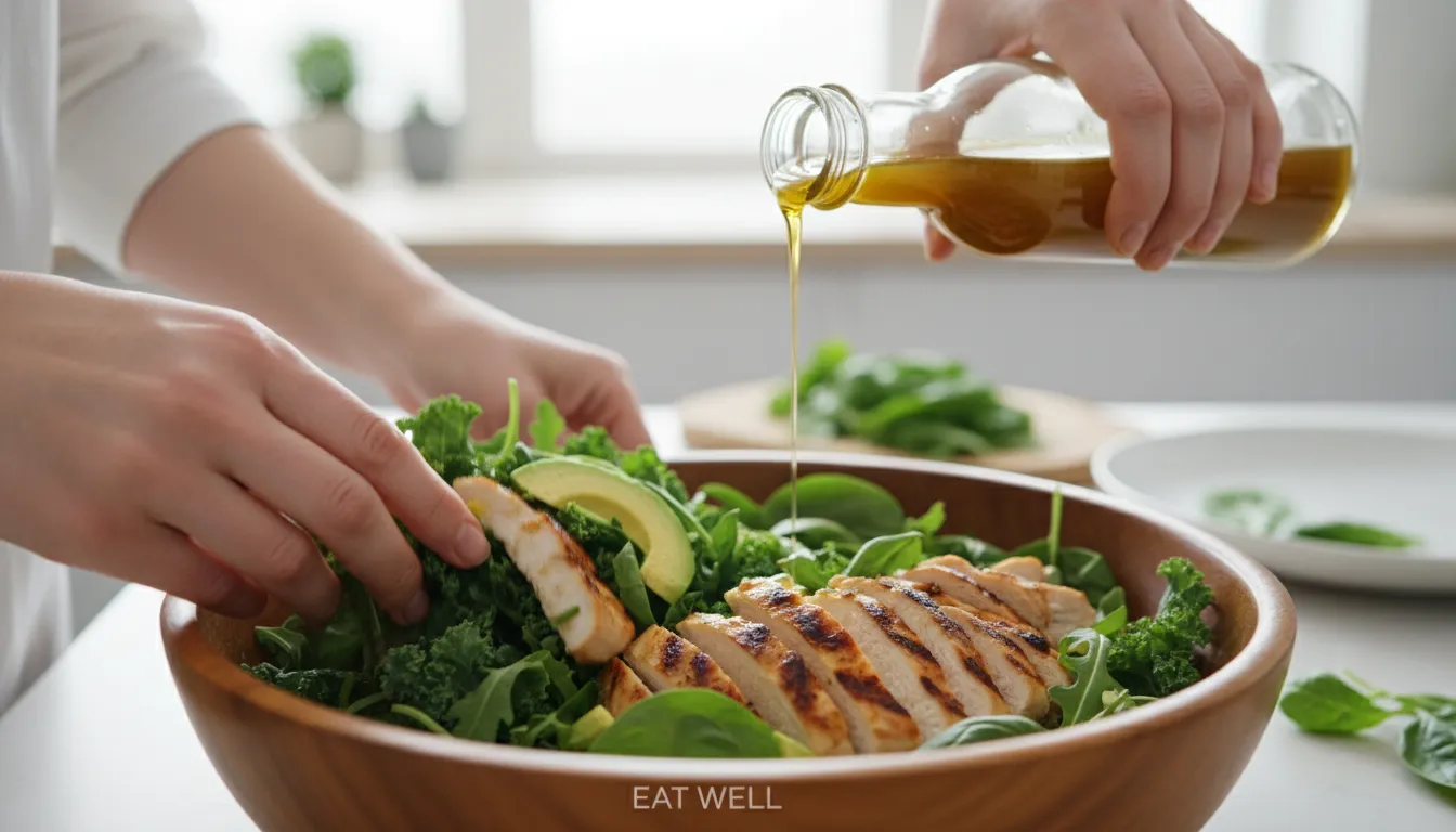 Manos preparando una ensalada saludable con pollo y aguacate, un ejemplo fácil de alimentación saludable para principiantes en casa.