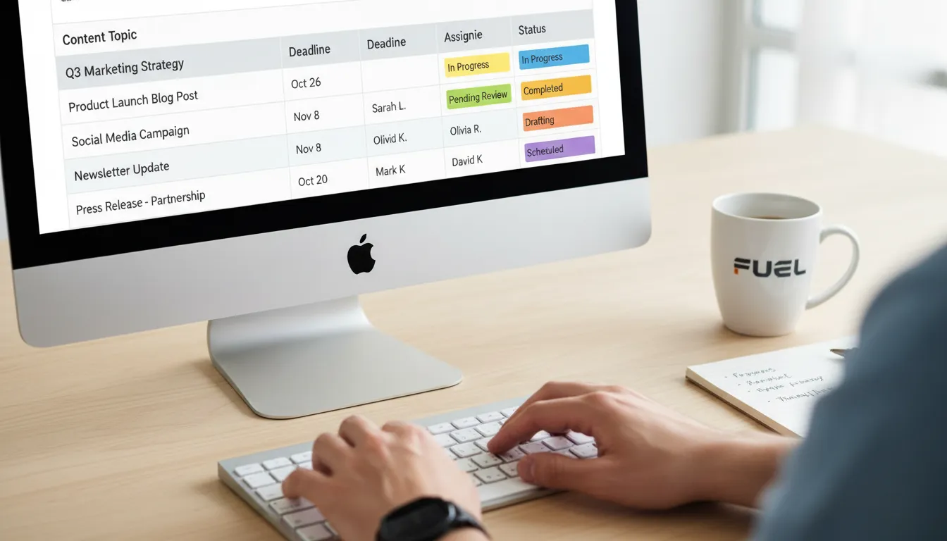 Monitor exibe calendário editorial colorido com tópicos, prazos e responsáveis, mostrando produtividade moderna.