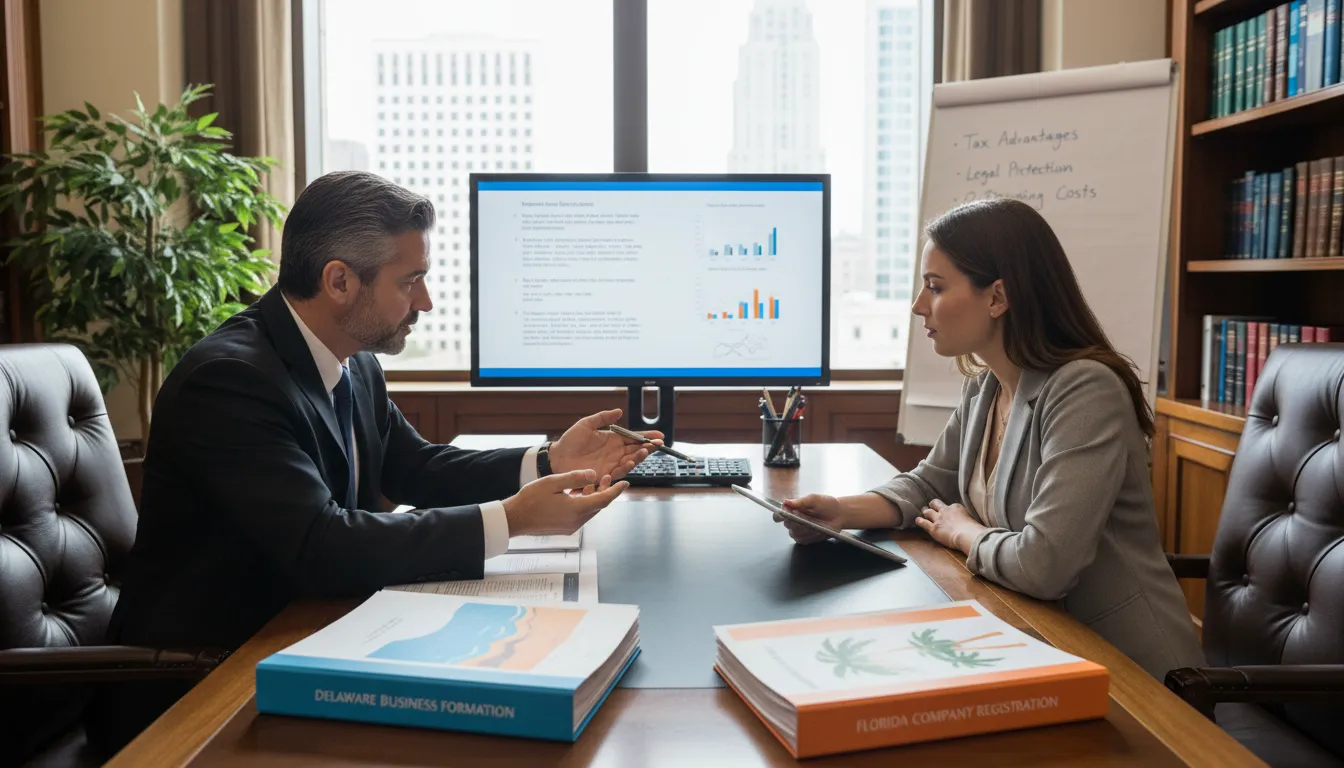 Consultoria profissional auxiliando na escolha entre Delaware ou Florida: onde abrir sua empresa e qual a melhor estrutura legal.