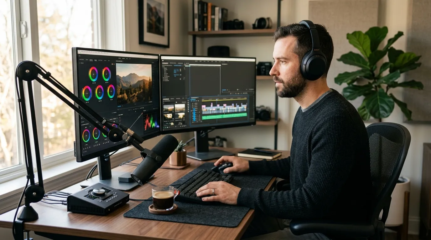 Editor trabalhando em projetos na sua MEI produtora de vídeo em home office estruturado.