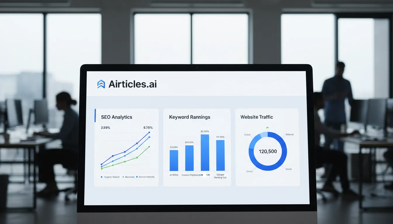 Dashboard Airticles.ai mostrando dados de SEO, auxiliando a entender como aparecer no Google e otimizar o ranking.